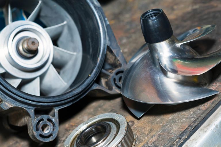 Personal watercraft propeller, with turbine part. Macro shot